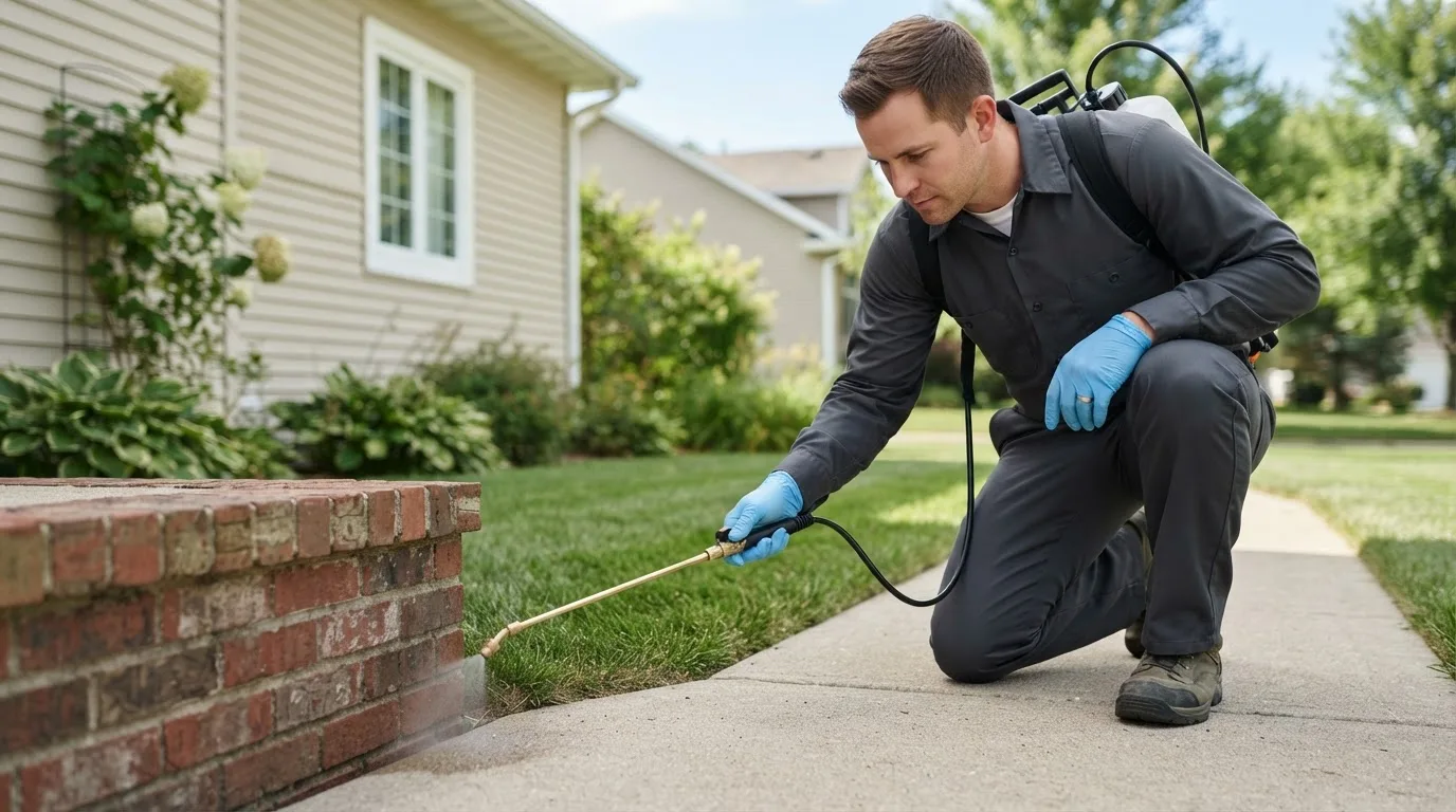 Pest control technician treating a home near Revloc, PA