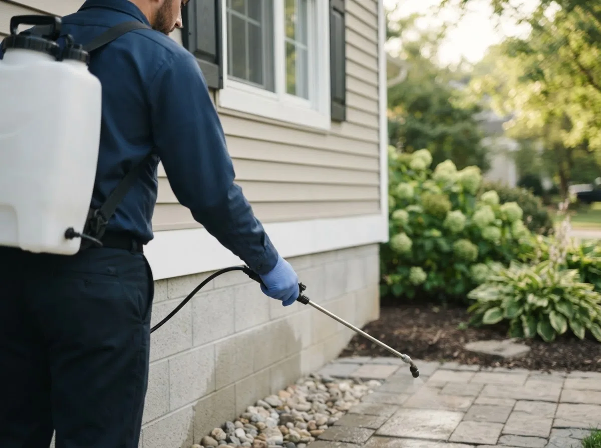 Pest control technician inspecting a home in Revloc, PA